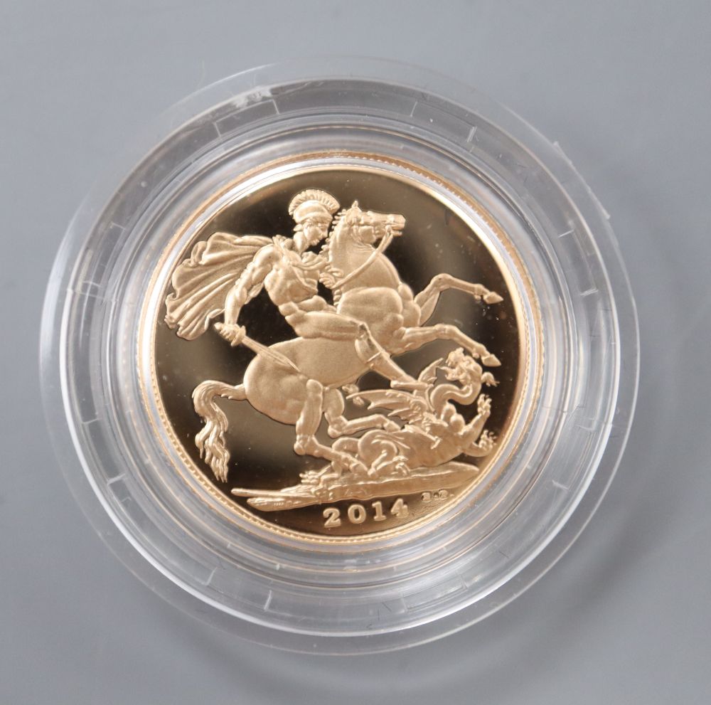 A Queen Elizabeth II gold proof sovereign, 2014, limited edition presentation 0558/7500, wood case